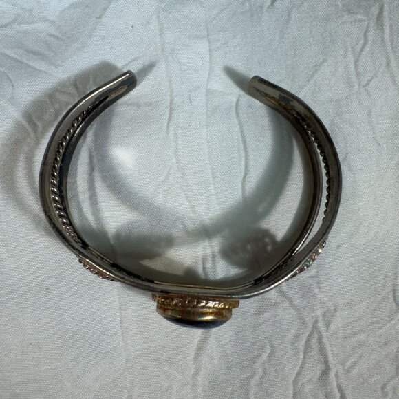 Vintage Navajo Sterling Silver & Lapis Bracelet Swirl Rope Design Cuff - Picture 9 of 9